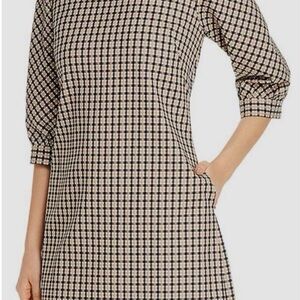 $899 Elie Tahari Women's Beige Black Emilia Check Mock Neck A-Line Dress Size 2